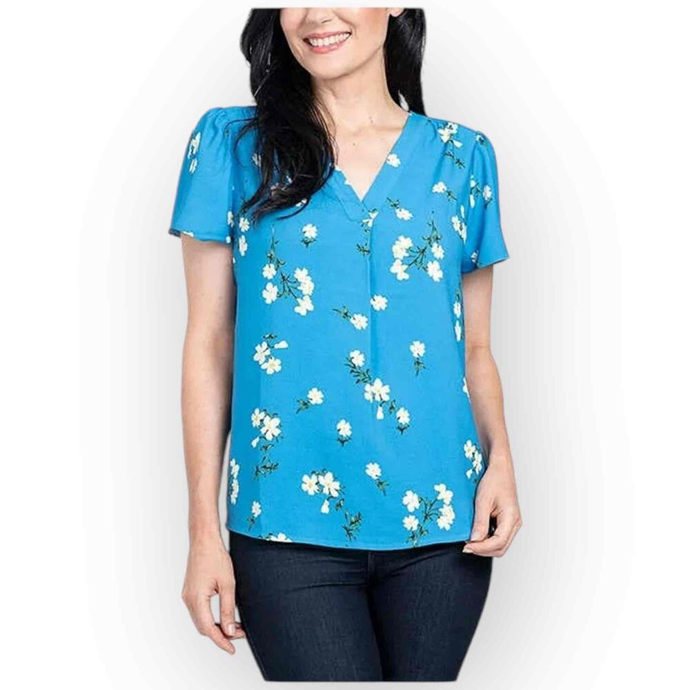 Hilary Radley Womens V-Neck Printed Blouse - Blue & Off-White Floral - Lge 247L